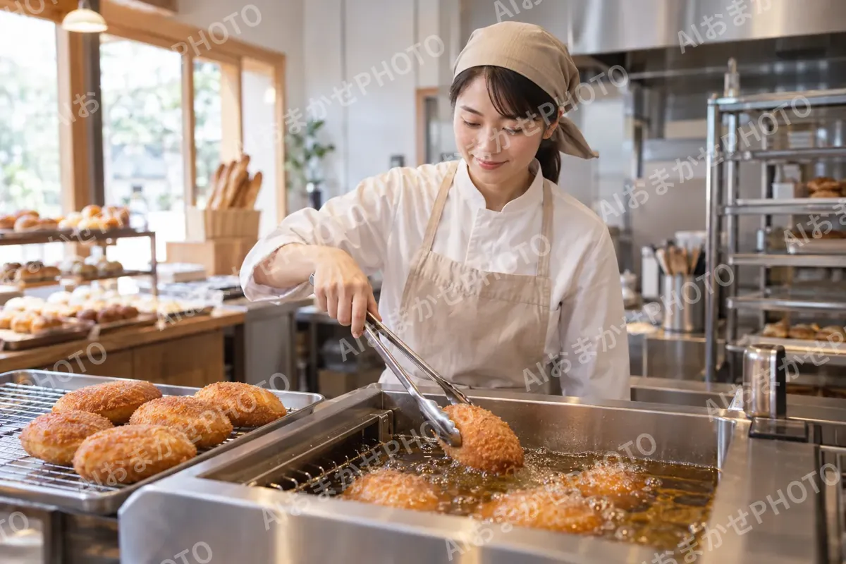 カレーパンを揚げる職人（パン・ベーカリーの写真 No.40）