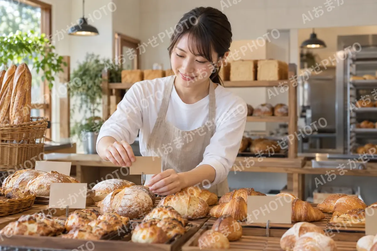 パンの値札を立てる店員（パン・ベーカリーの写真 No.41）