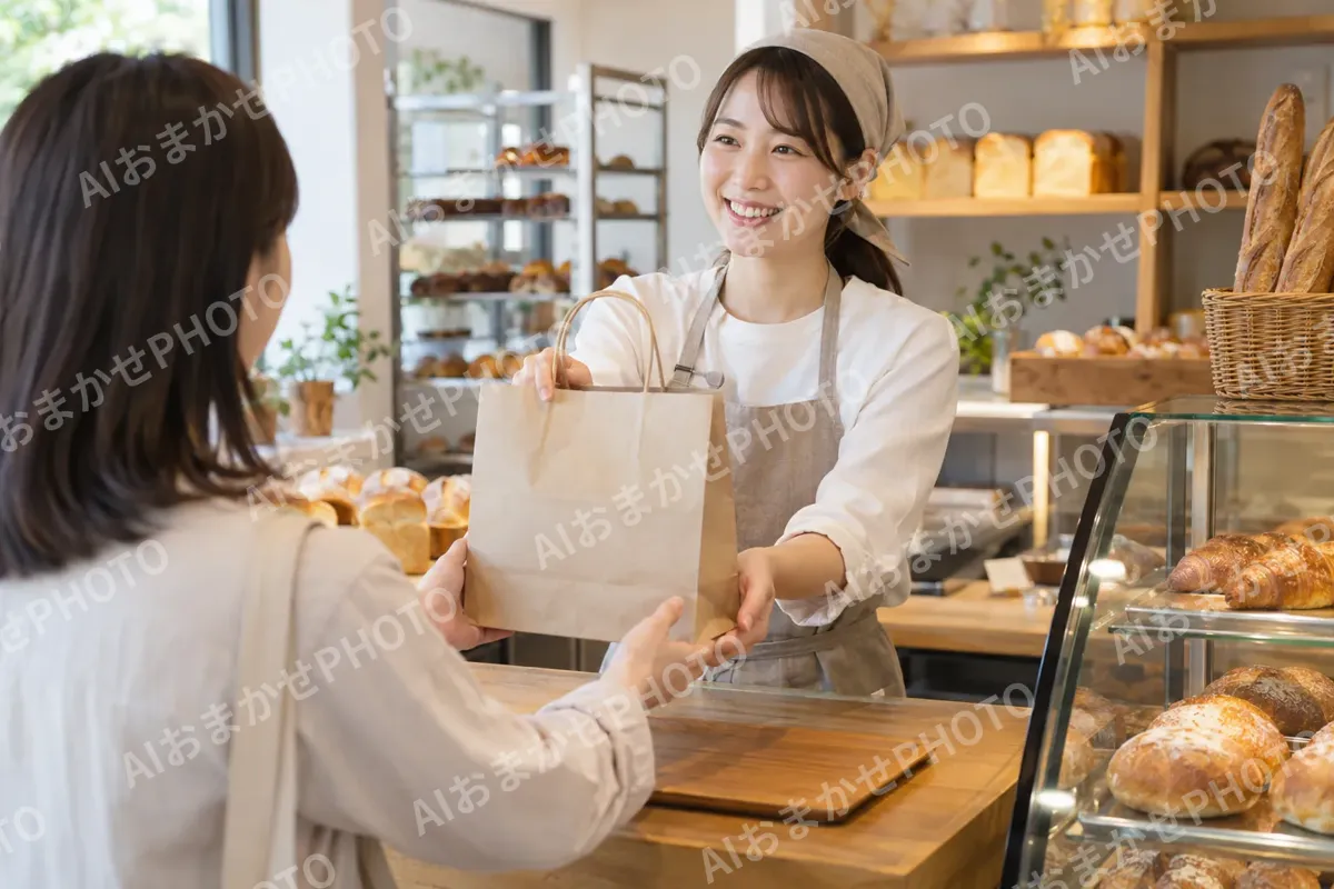 予約のパンを紙袋で渡す店員（パン・ベーカリーの写真 No.42）