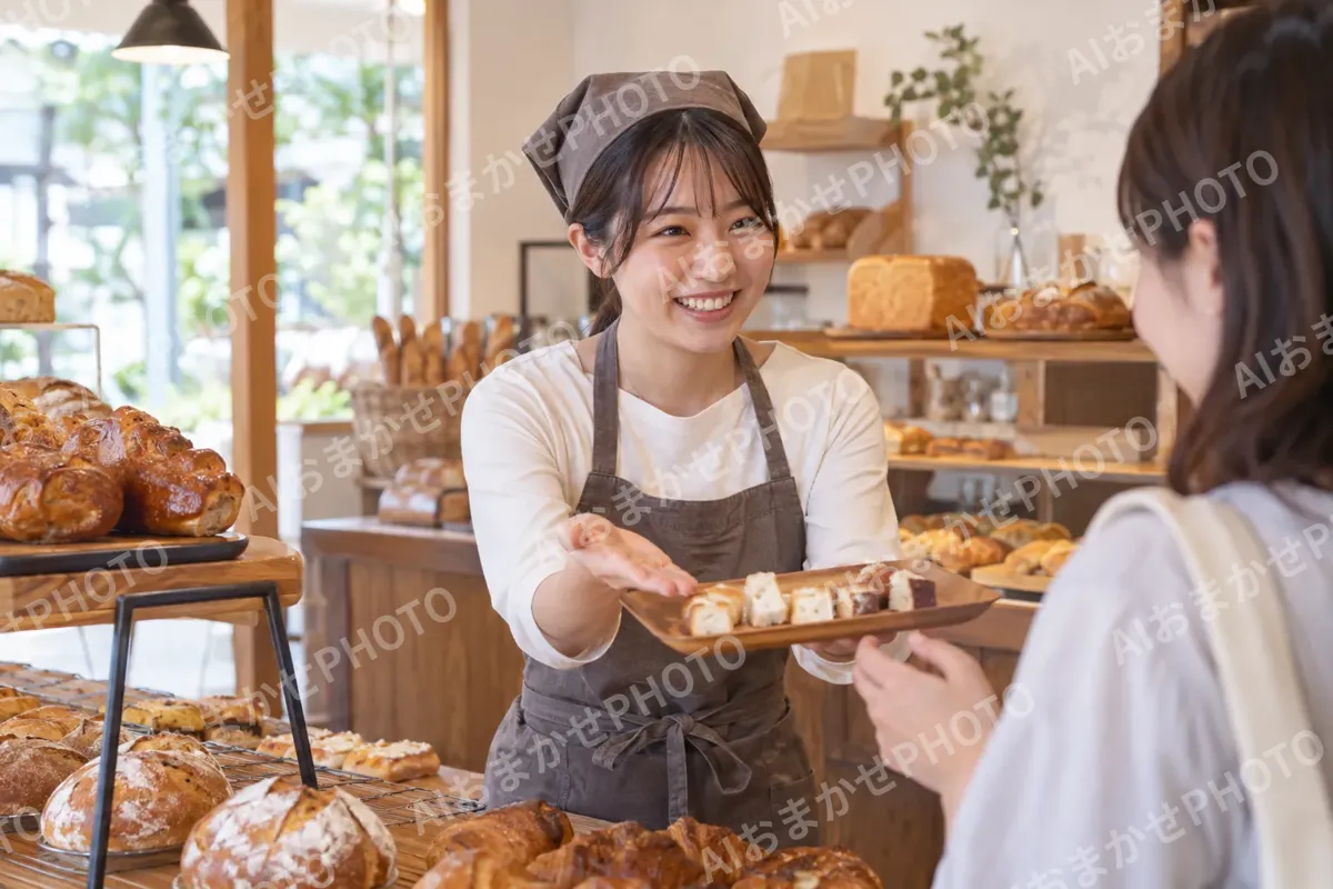 試食のパンをすすめる店員（パン・ベーカリーの写真 No.43）