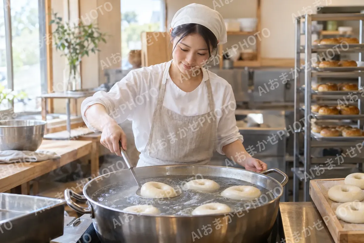 ベーグルをゆでる職人（パン・ベーカリーの写真 No.44）