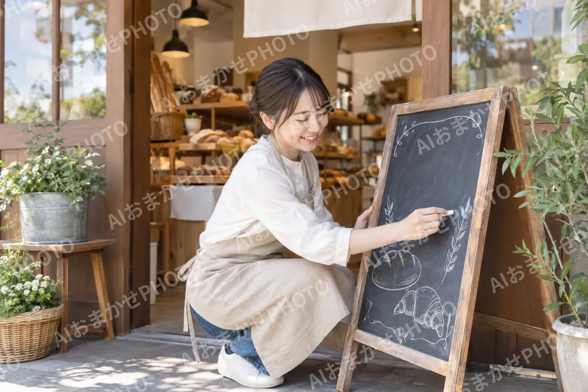 店の前の黒板に今日のパンを書く店員（パン・ベーカリーの写真 No.46）