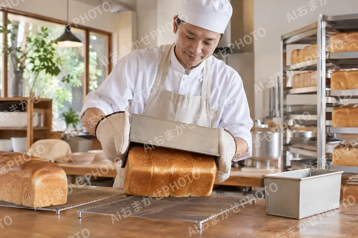 焼きたての食パンを型から出す職人（パン・ベーカリーの写真 No.47）