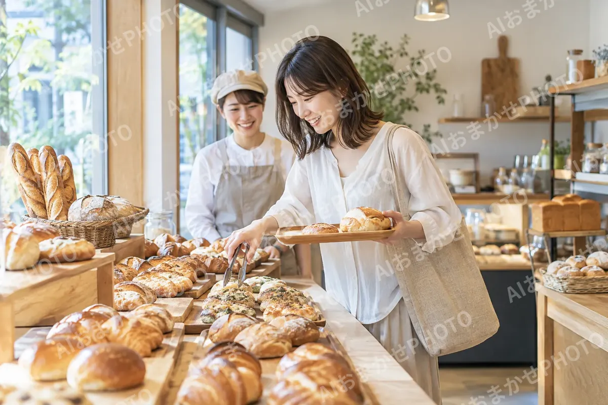 パンが並ぶ明るい店の中で買い物するお客様（パン・ベーカリーの写真 No.48）
