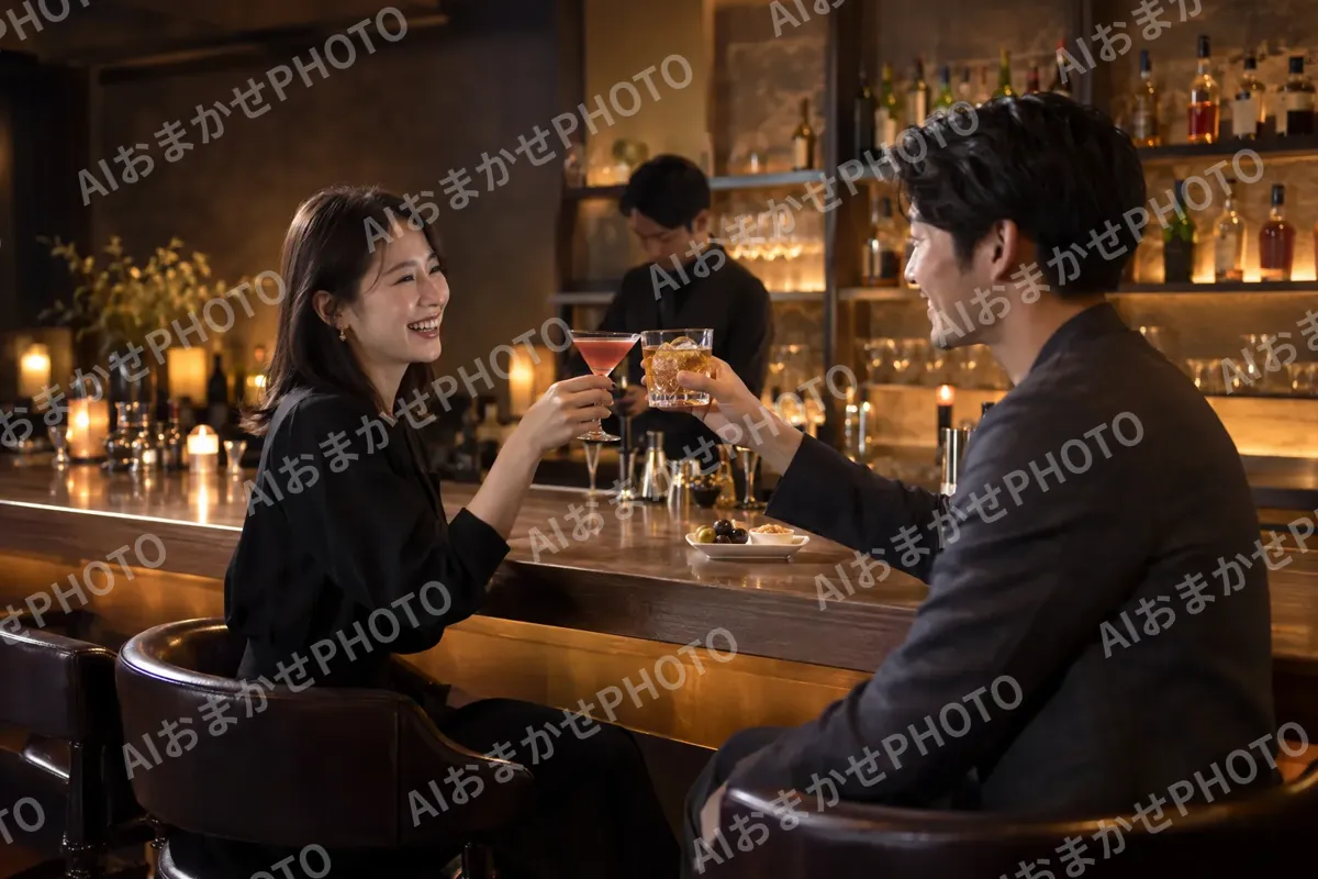 バーのカウンターで乾杯する二人のお客様（バー・ショットバーの写真 No.28）