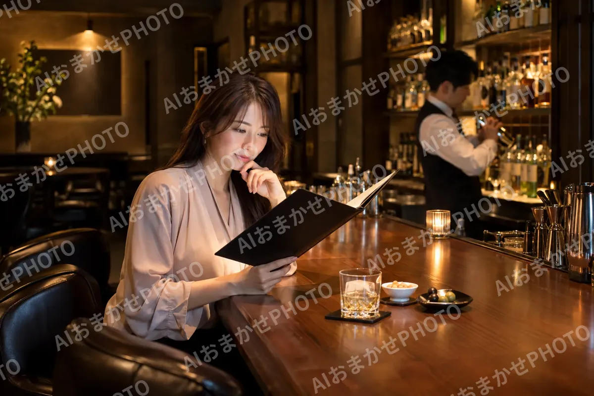 バーのメニューを見ながら一杯目を考えるお客様（バー・ショットバーの写真 No.29）