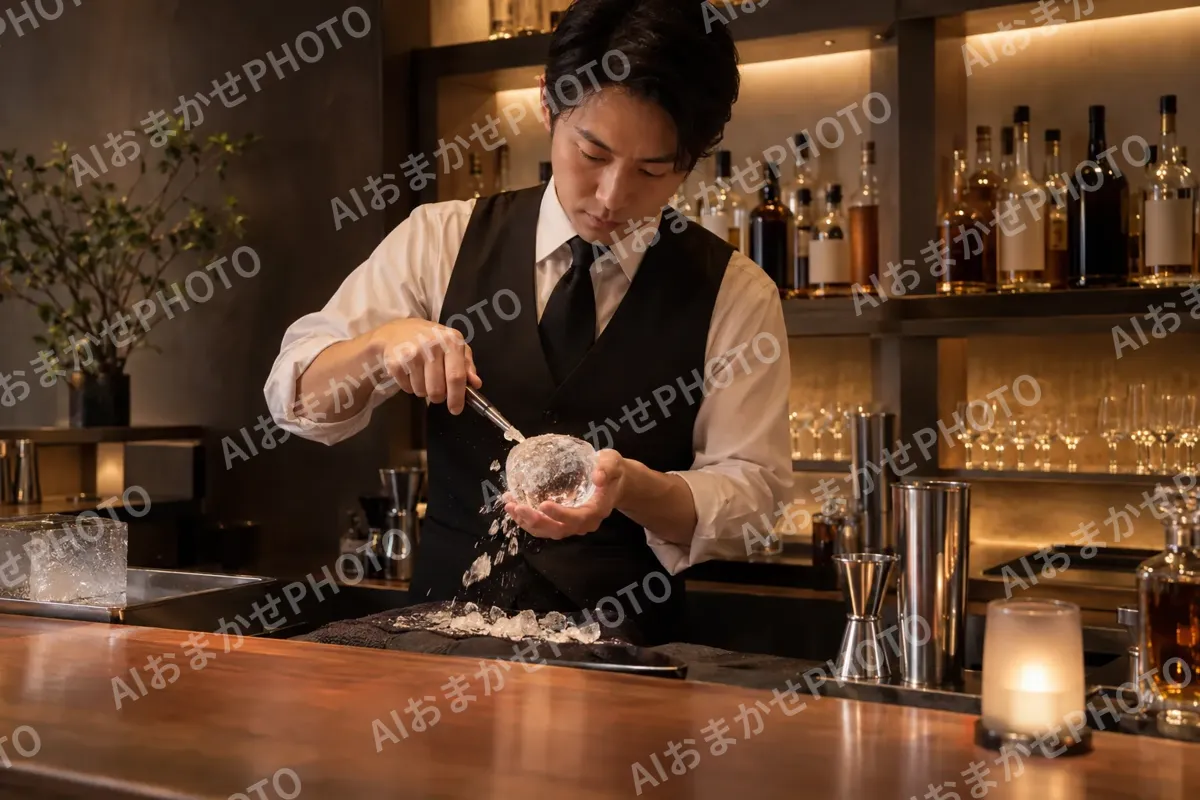 氷を丸く削るバーテンダー（バー・ショットバーの写真 No.30）