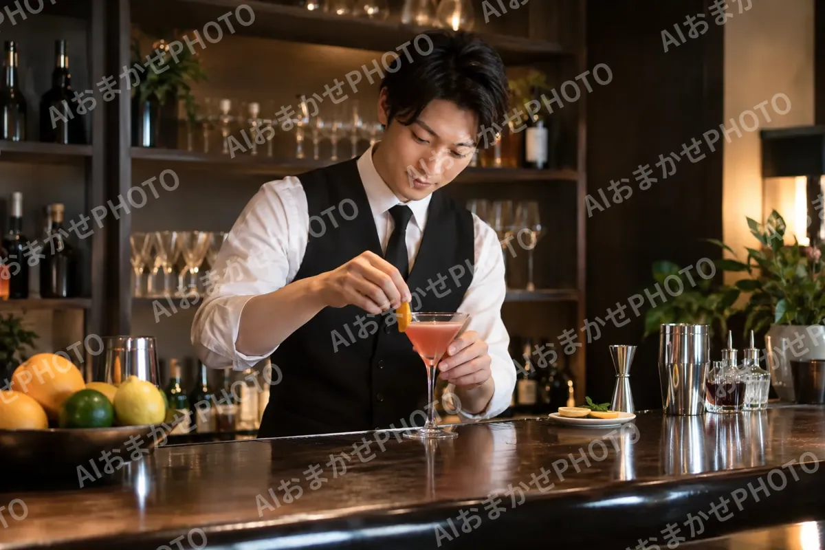 カクテルにくだものを飾るバーテンダー（バー・ショットバーの写真 No.31）