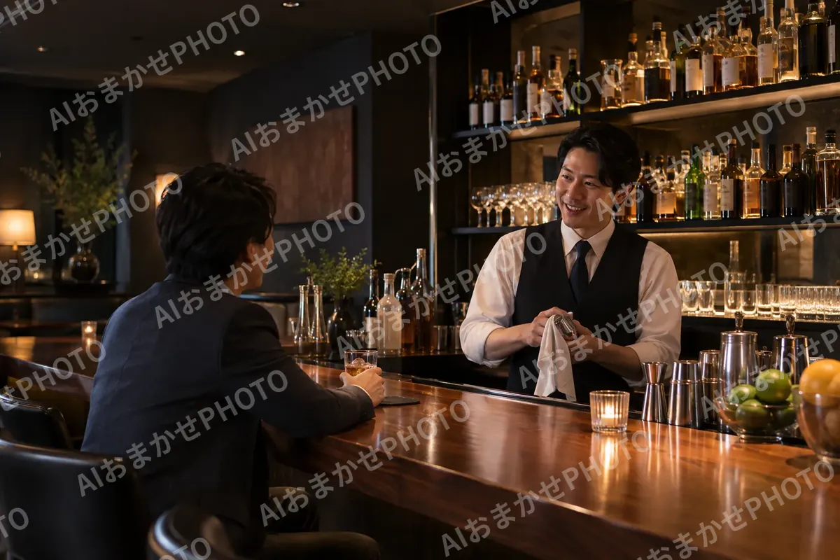 カウンターの一人客と話すバーテンダー（バー・ショットバーの写真 No.32）