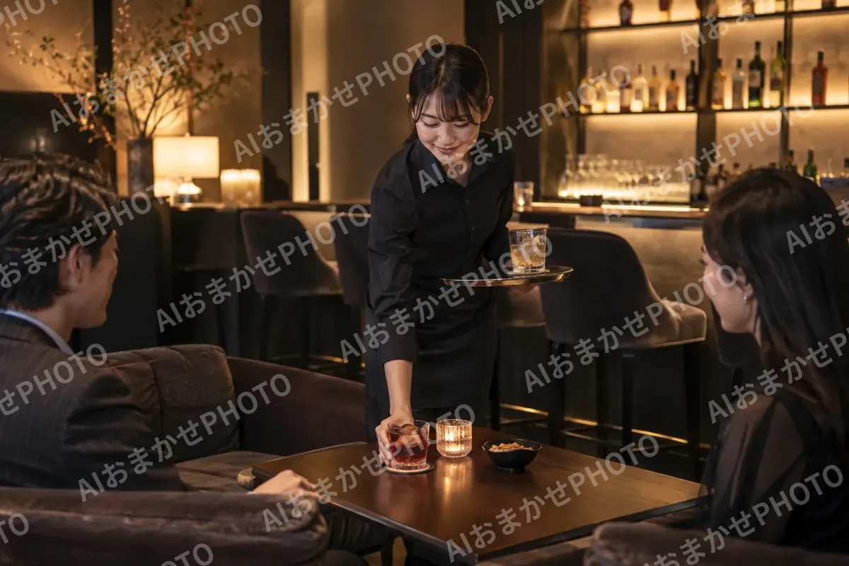 バーのソファ席にグラスを運ぶスタッフ（バー・ショットバーの写真 No.33）