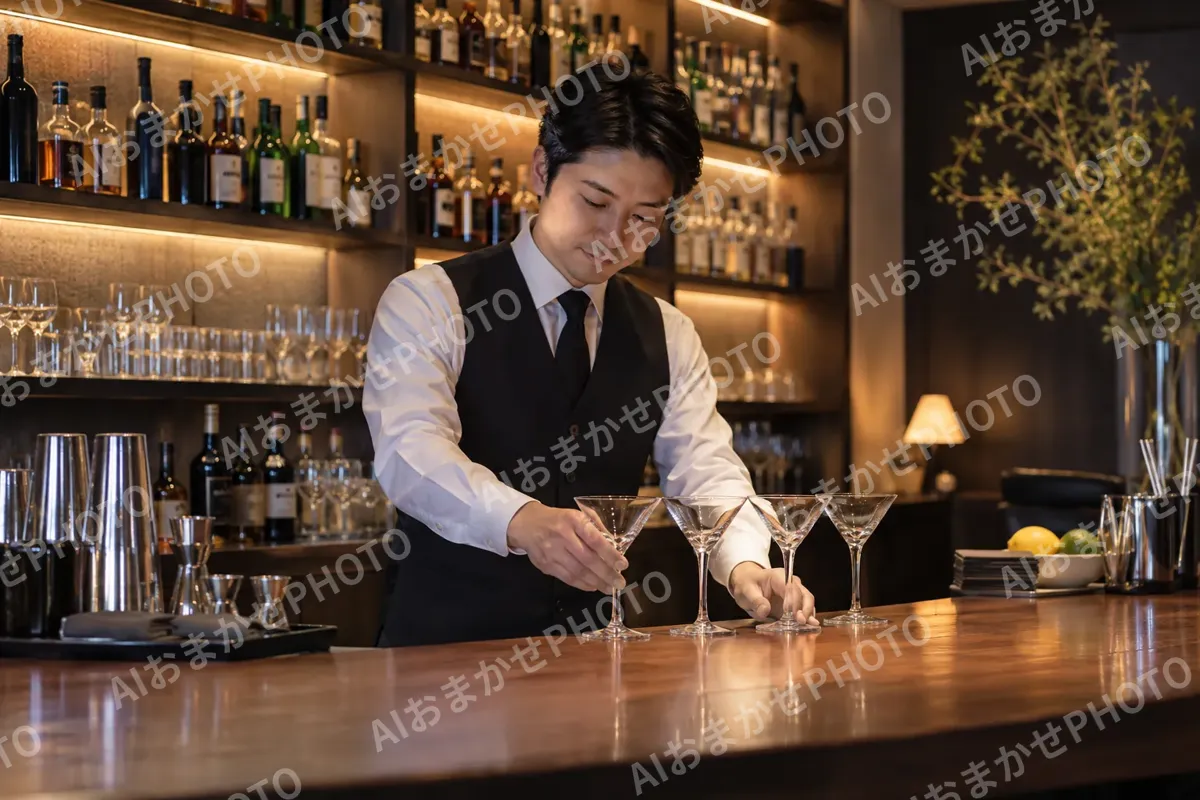 開店前にグラスをならべるバーテンダー（バー・ショットバーの写真 No.36）