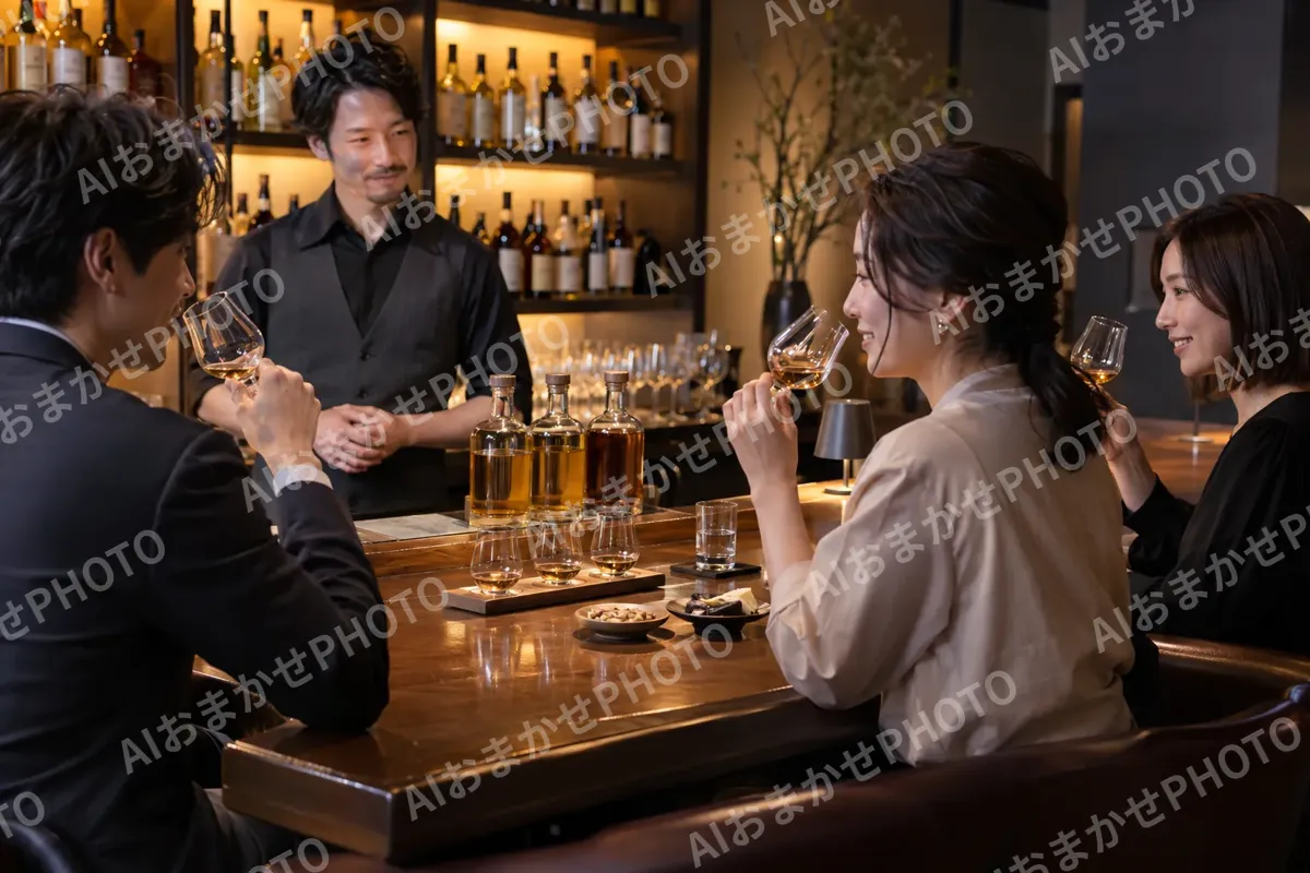 ウイスキーの飲みくらべを楽しむお客様たち（バー・ショットバーの写真 No.37）