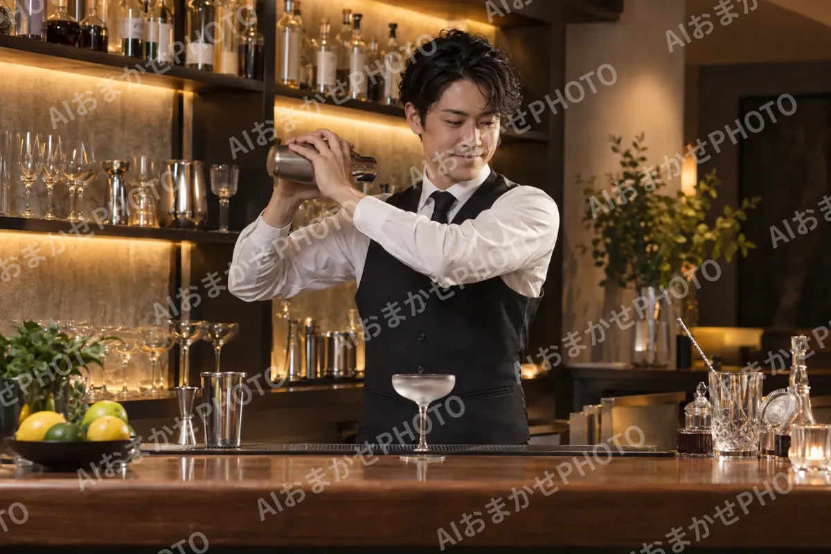 シェイカーをふってカクテルを作るバーテンダー（バー・ショットバーの写真 No.38）
