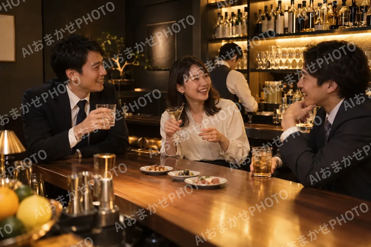 仕事帰りにバーのカウンターで話す同僚たち（バー・ショットバーの写真 No.39）