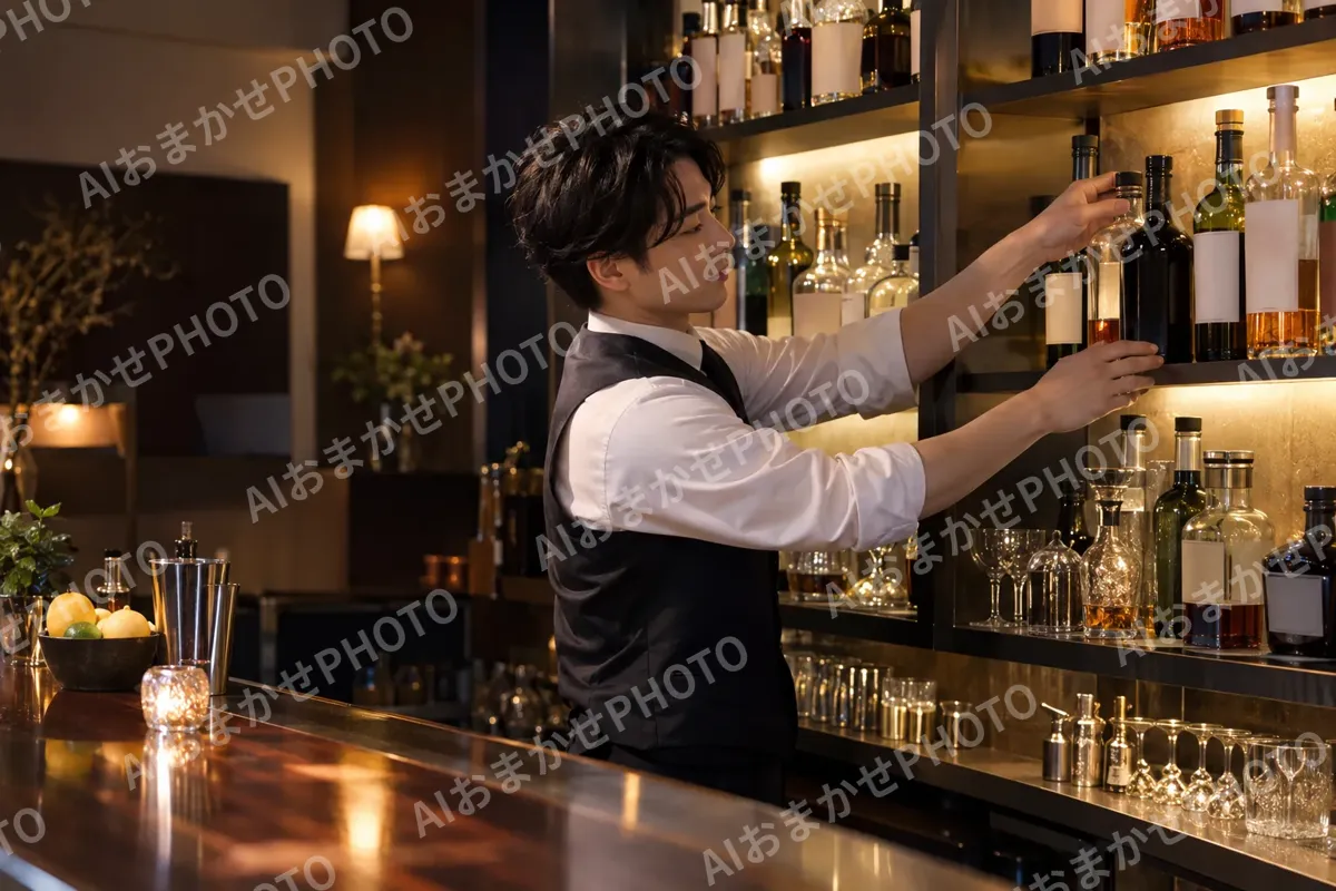 お酒のボトルの棚を整えるバーテンダー（バー・ショットバーの写真 No.41）