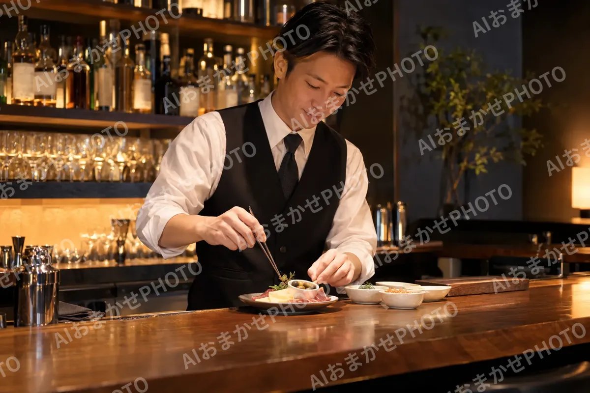 おつまみを小皿に盛るバーテンダー（バー・ショットバーの写真 No.42）
