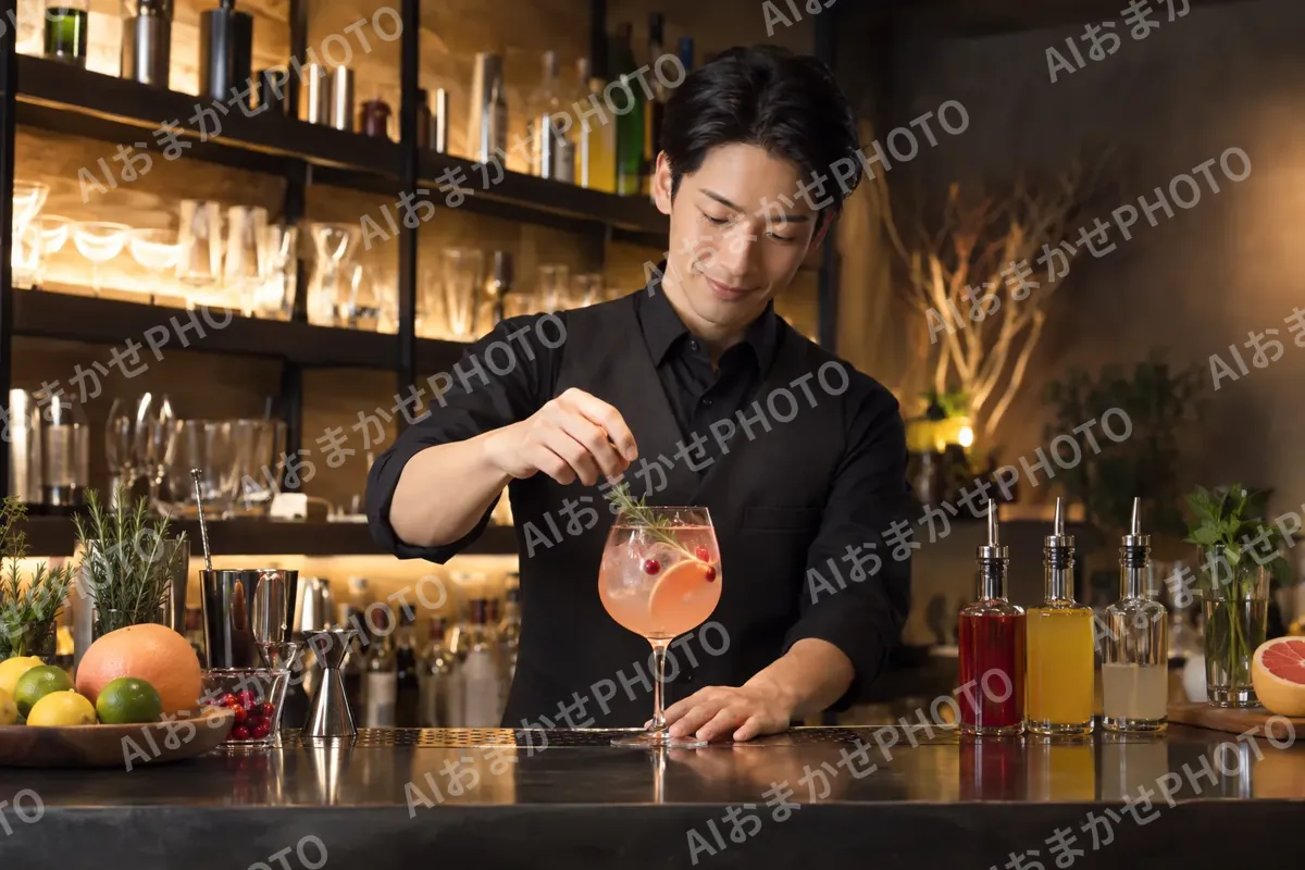 ノンアルコールのカクテルを作るバーテンダー（バー・ショットバーの写真 No.45）