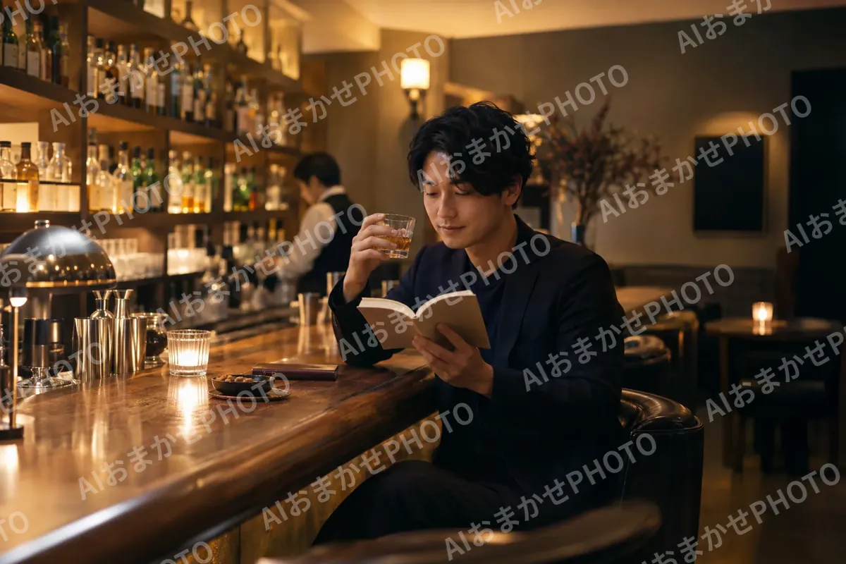 カウンターで本を読みながら一杯飲むお客様（バー・ショットバーの写真 No.46）