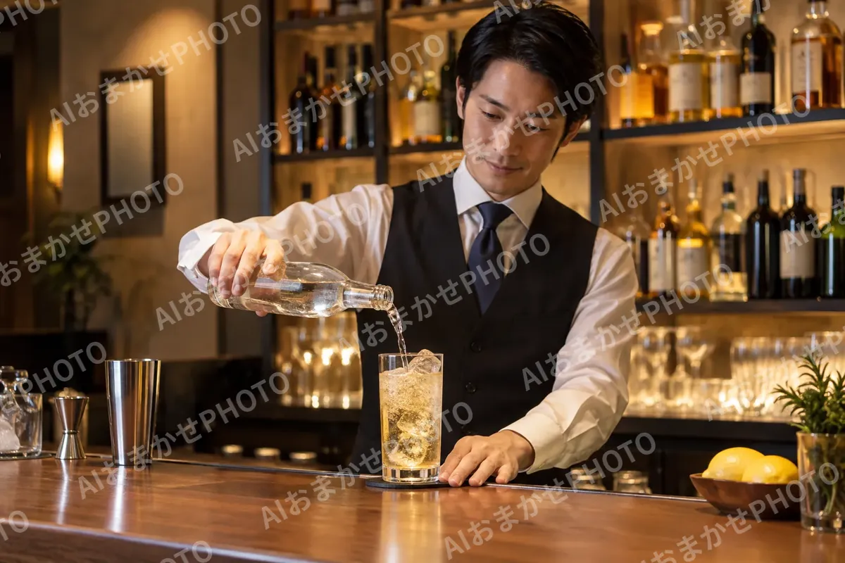 ハイボールのグラスに炭酸を注ぐバーテンダー（バー・ショットバーの写真 No.47）