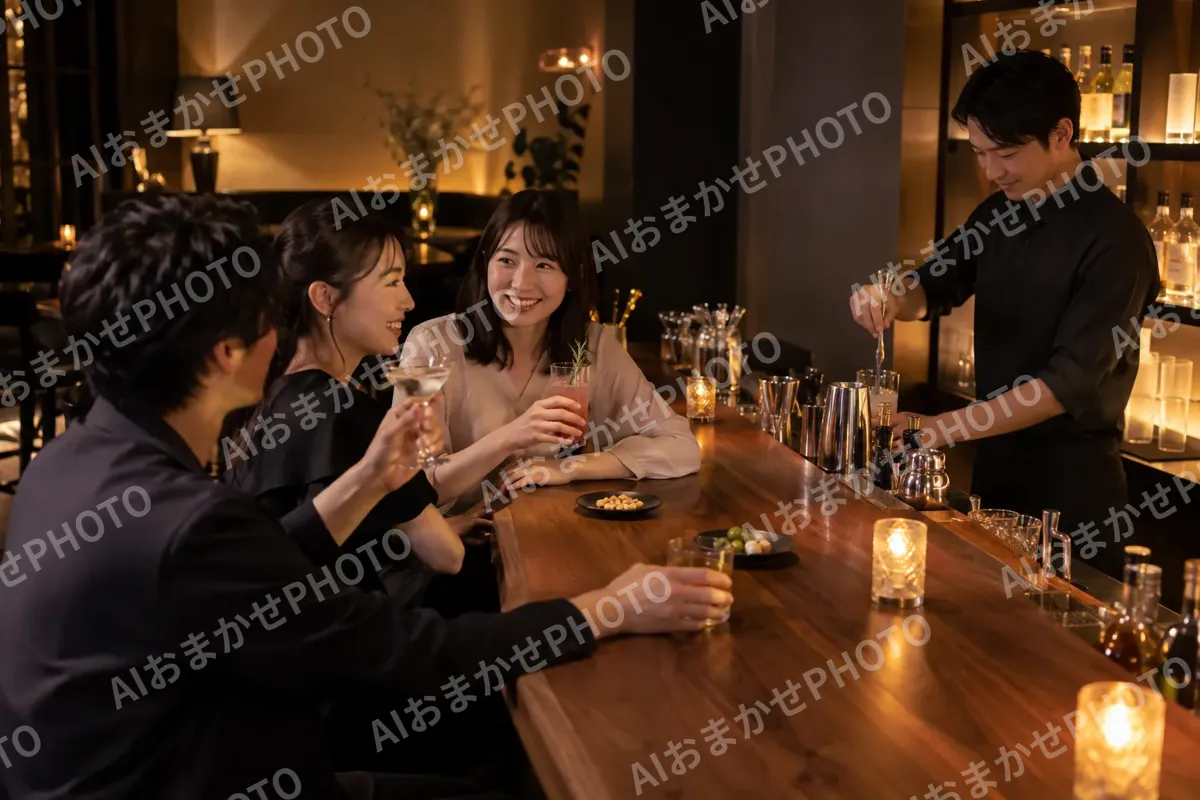 間接照明のバーのカウンターでお酒を楽しむお客様たち（バー・ショットバーの写真 No.48）