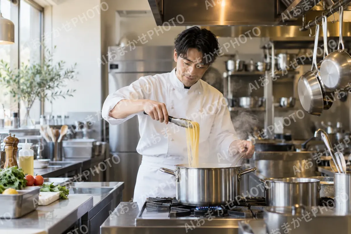 厨房でパスタをゆでるシェフ（イタリアン・フレンチの写真 No.25）