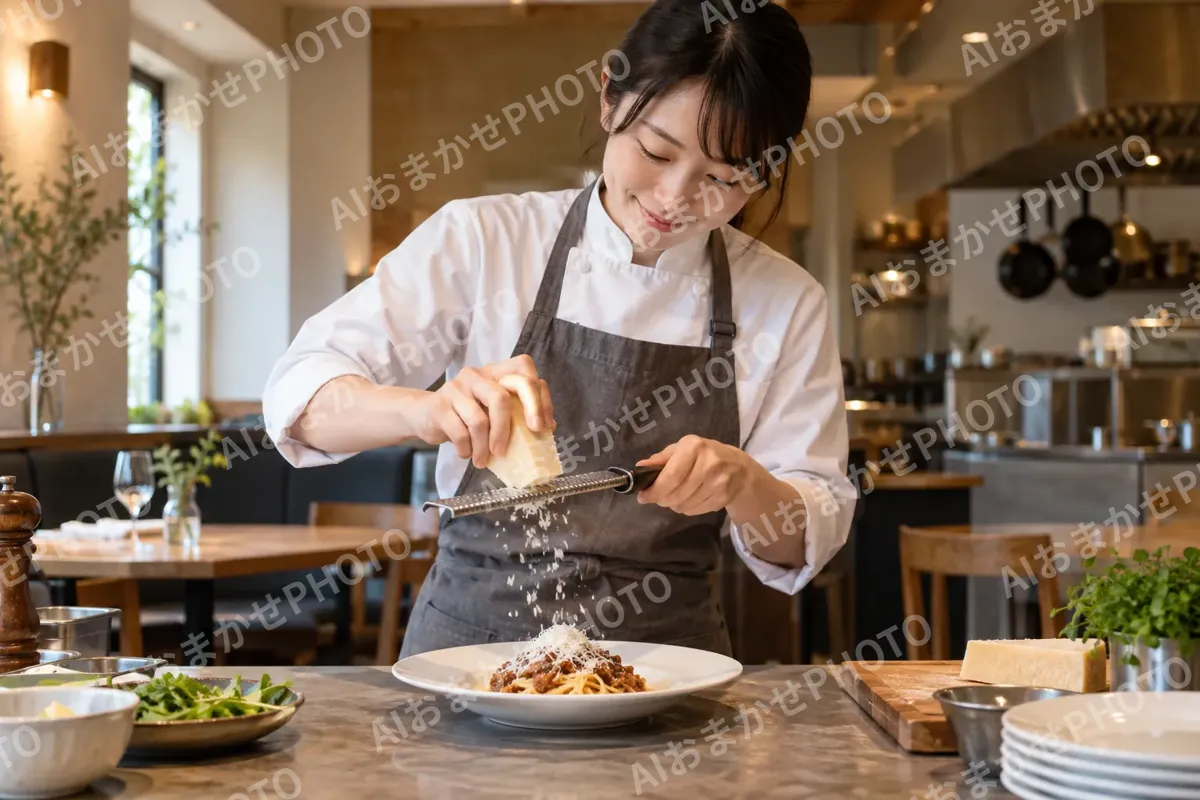 チーズを料理にけずってかけるスタッフ（イタリアン・フレンチの写真 No.26）