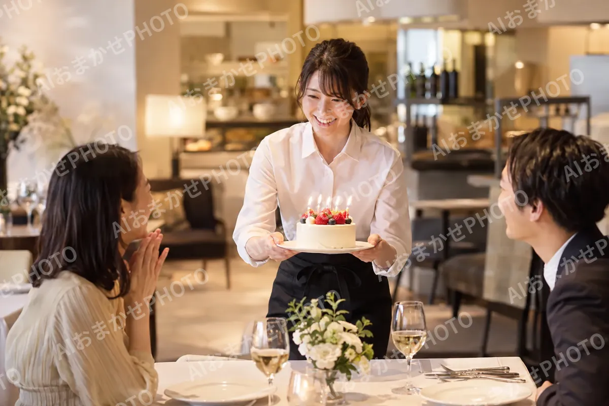 誕生日のケーキを運ぶスタッフ（イタリアン・フレンチの写真 No.28）