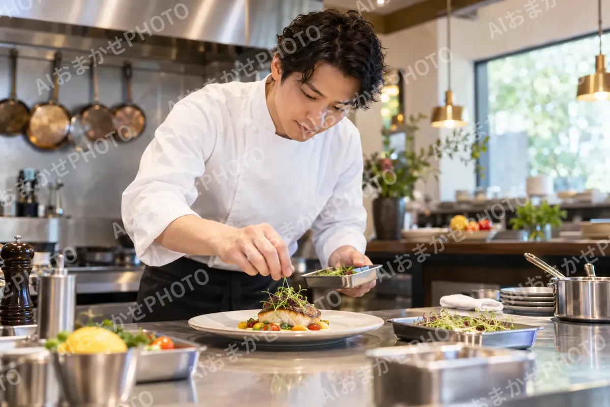 魚料理を盛り付けるシェフ（イタリアン・フレンチの写真 No.31）