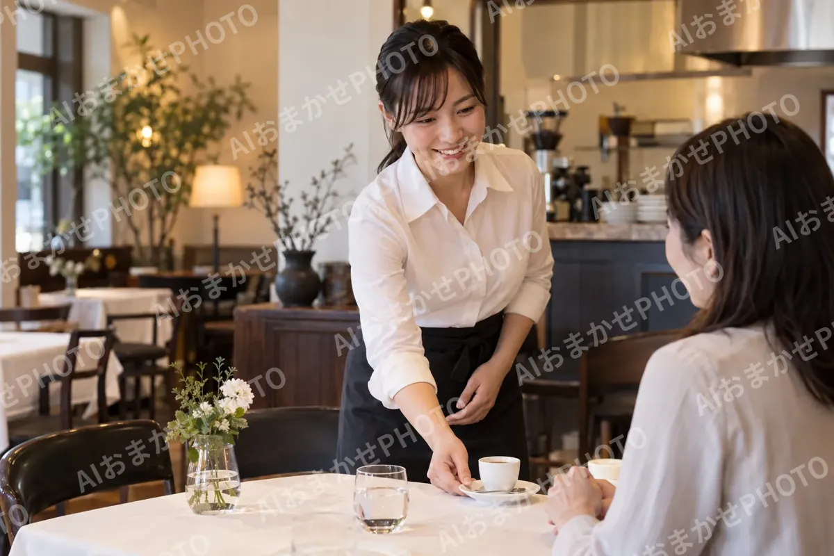 エスプレッソをお客様に出すスタッフ（イタリアン・フレンチの写真 No.34）