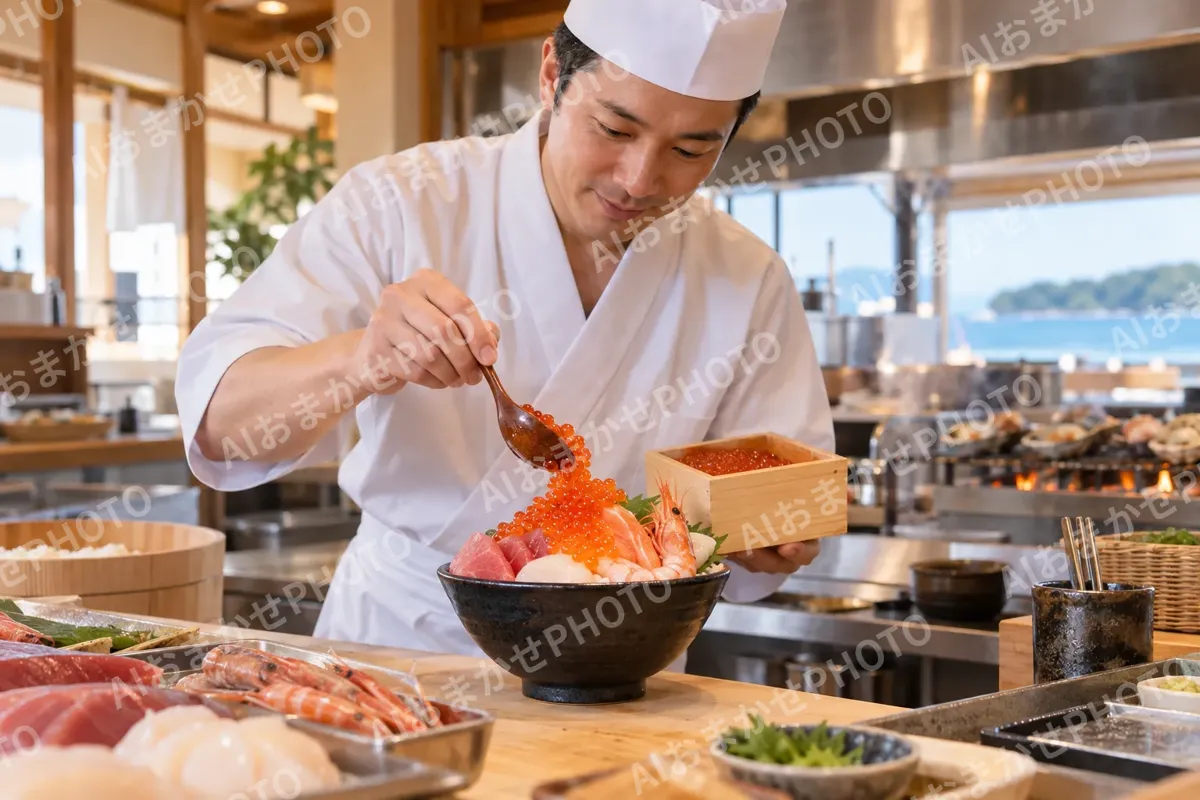 海鮮丼にいくらをたっぷりのせる板前（海鮮丼・浜焼きの写真 No.25）