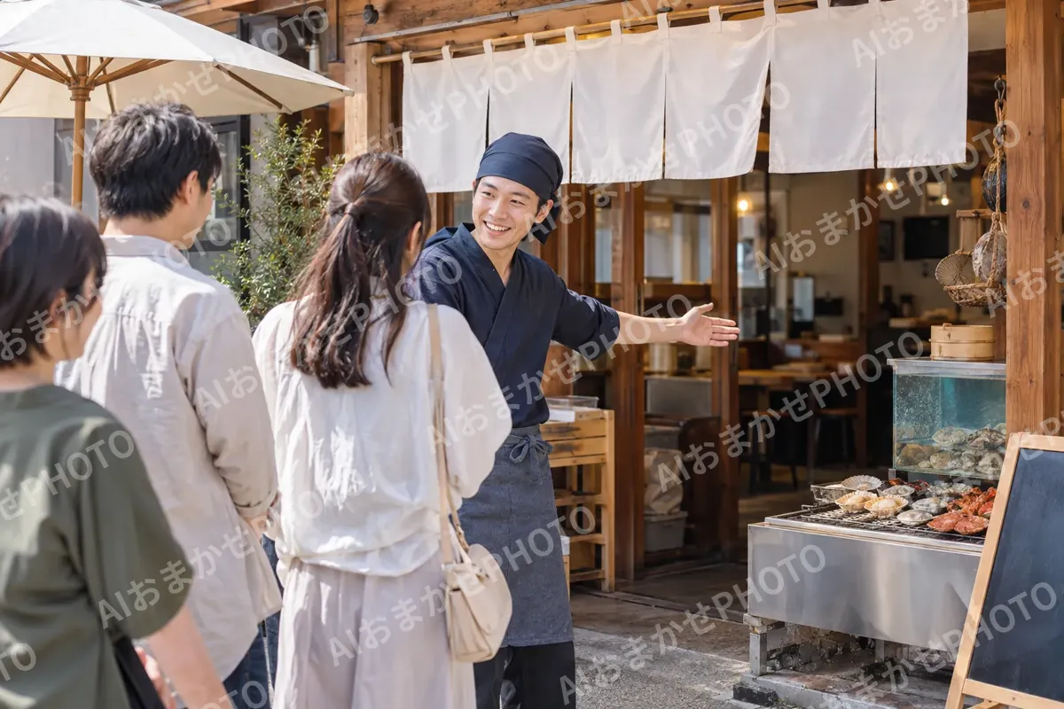 店の前で並ぶお客様に声をかける海鮮の店の店員（海鮮丼・浜焼きの写真 No.26）
