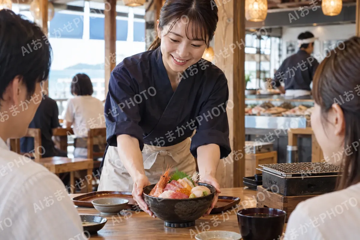 刺身の盛り合わせをテーブルに出す店員（海鮮丼・浜焼きの写真 No.28）