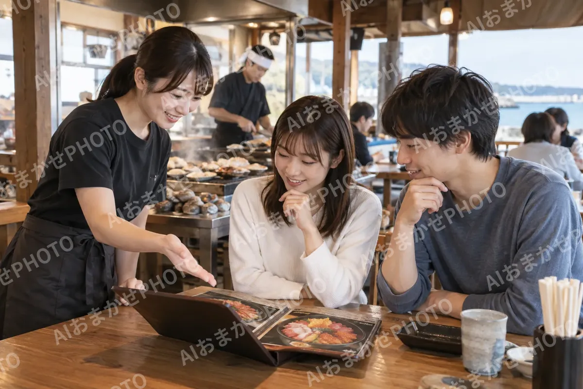 海鮮丼の写真を見て注文を決めるお客様（海鮮丼・浜焼きの写真 No.29）