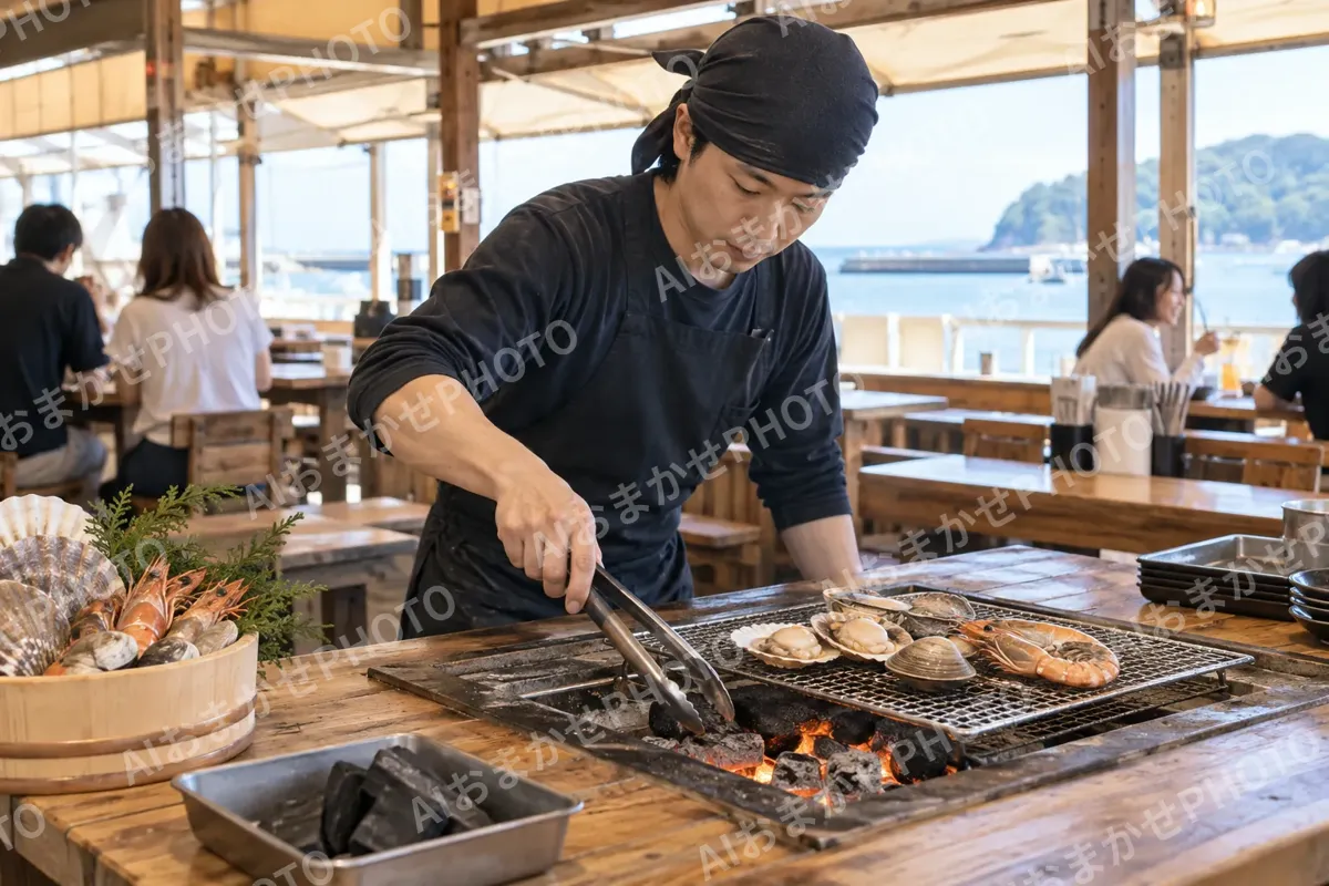 網の下の炭を足して火を整える店員（海鮮丼・浜焼きの写真 No.30）