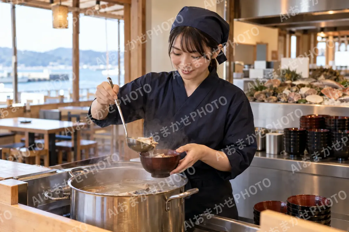あら汁をお椀によそう店員（海鮮丼・浜焼きの写真 No.32）