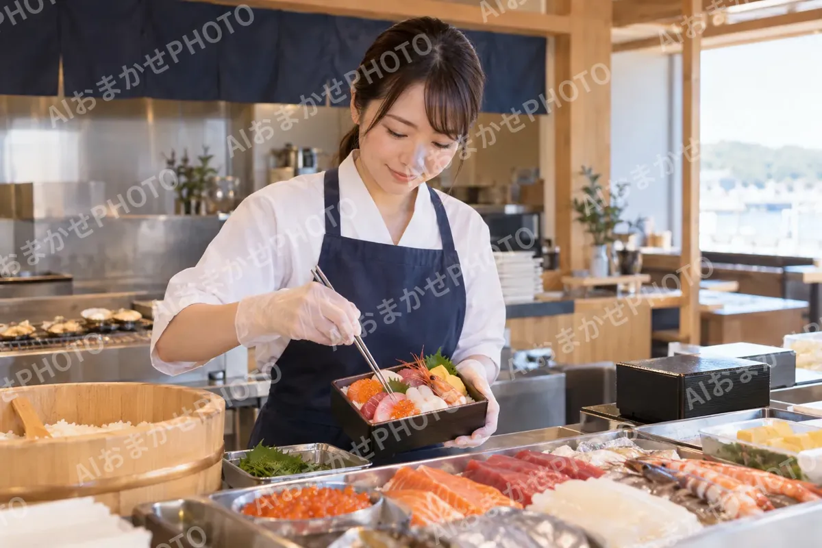 持ち帰りの海鮮弁当を詰める店員（海鮮丼・浜焼きの写真 No.33）