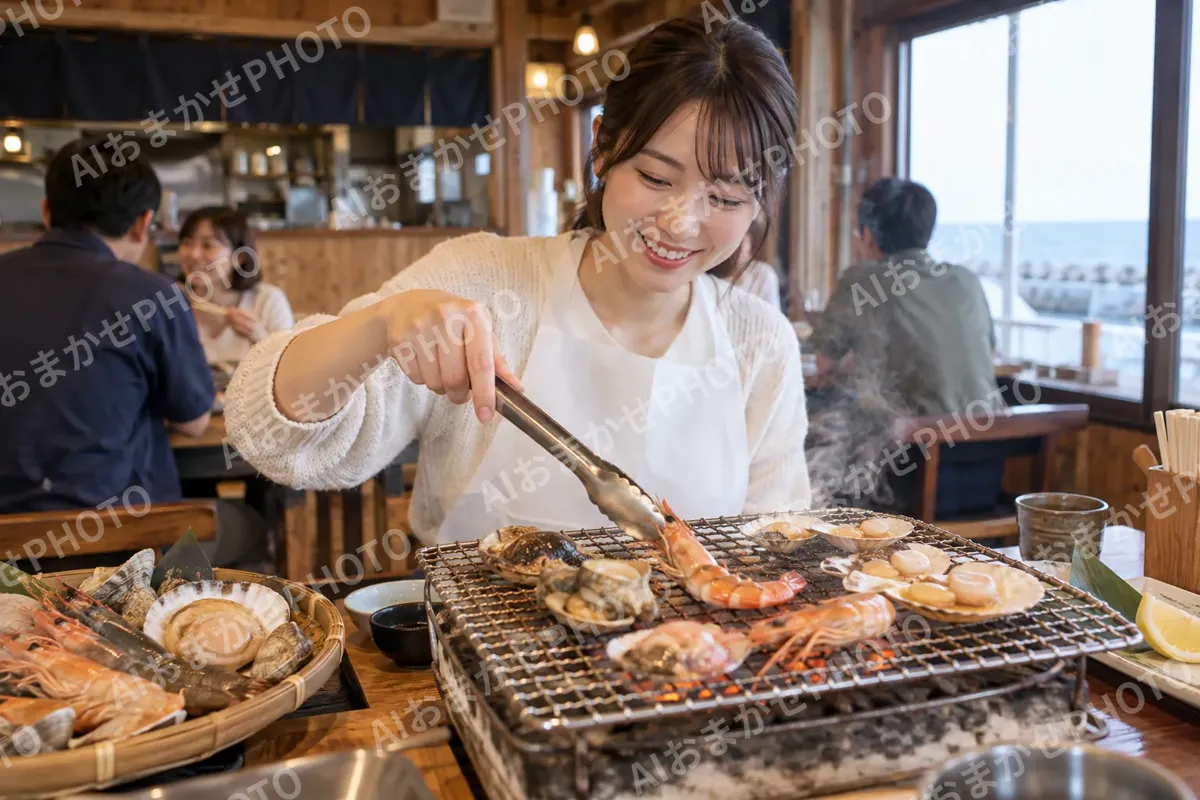 網の上のえびを返すお客様（海鮮丼・浜焼きの写真 No.34）