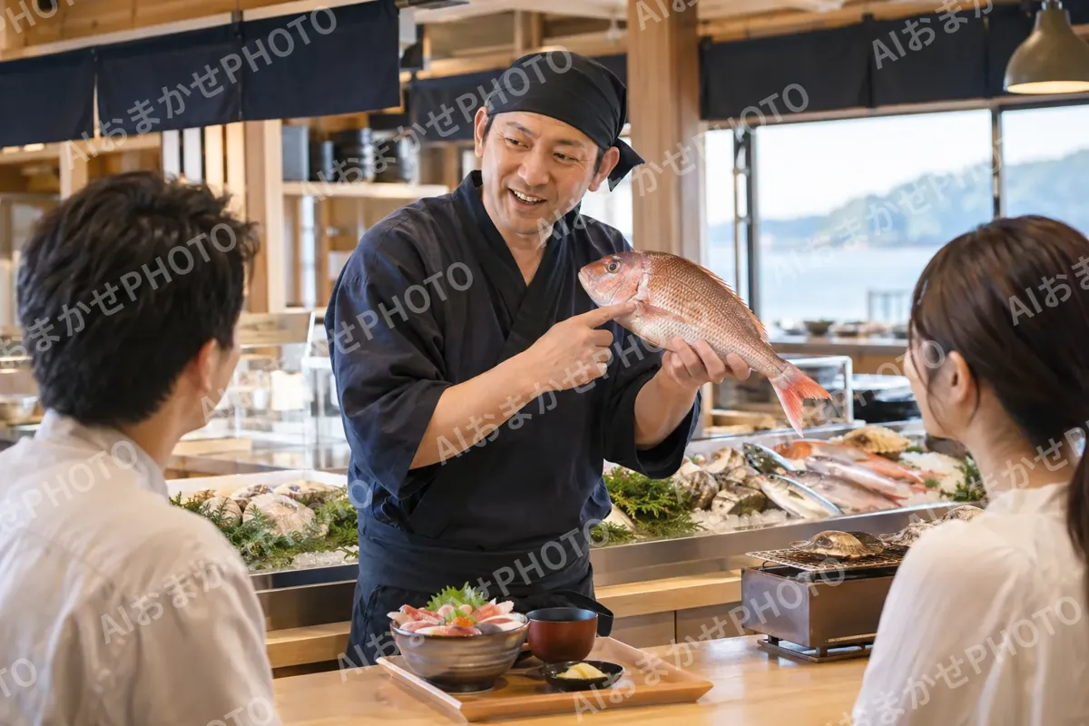 魚の名前をお客様に説明する店主（海鮮丼・浜焼きの写真 No.35）