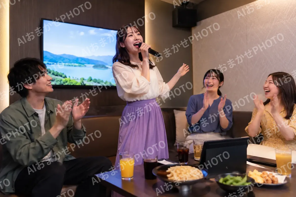 歌に合わせて手をたたく友だち（カラオケ・カラオケボックスの写真 No.27）