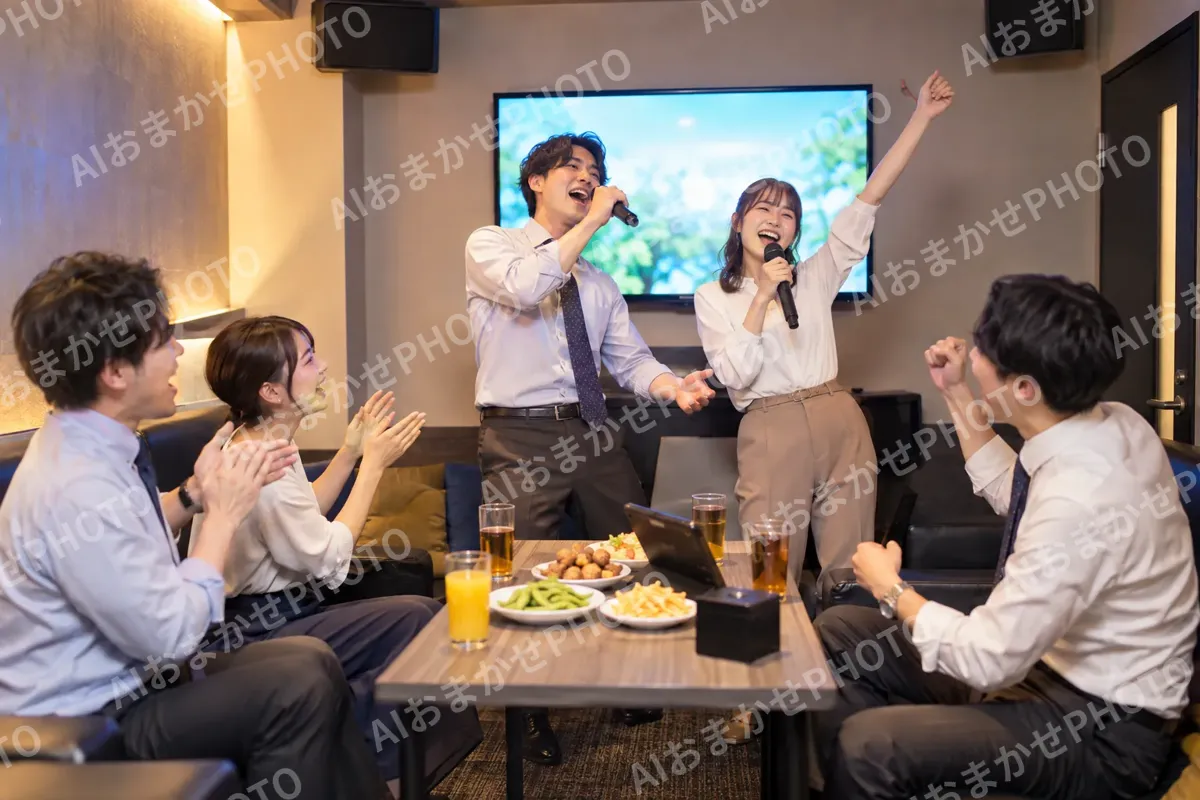 会社の仲間で盛り上がるカラオケの部屋（カラオケ・カラオケボックスの写真 No.32）