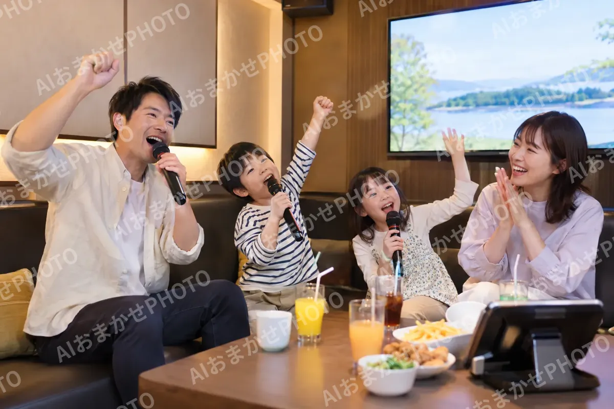 家族でカラオケを楽しむ様子（カラオケ・カラオケボックスの写真 No.33）