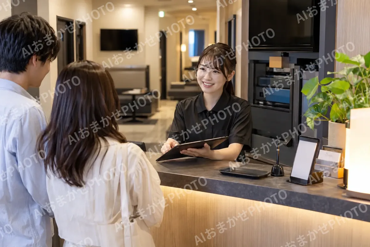 カラオケの受付で会員の手続きをする店員（カラオケ・カラオケボックスの写真 No.34）