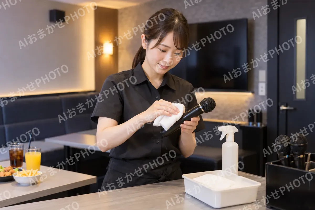 マイクを消毒する店員（カラオケ・カラオケボックスの写真 No.36）