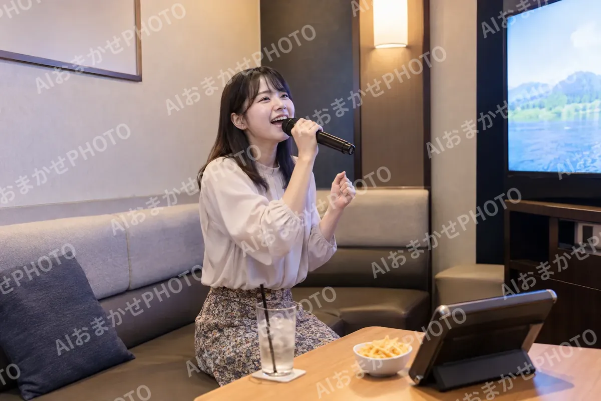 一人でカラオケの練習をするお客様（カラオケ・カラオケボックスの写真 No.38）