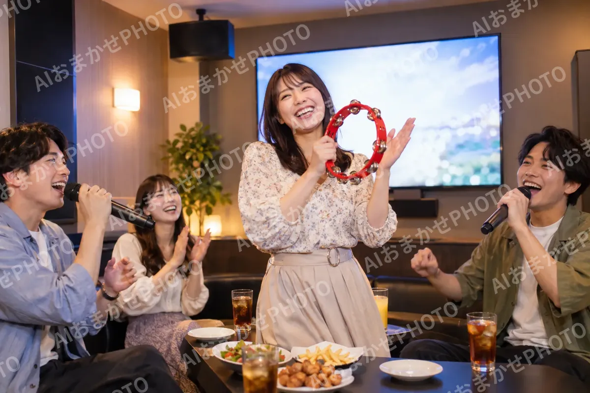 タンバリンをたたいて盛り上げるお客様（カラオケ・カラオケボックスの写真 No.39）