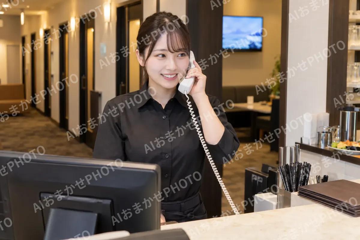 延長の電話を受けるカラオケの店員（カラオケ・カラオケボックスの写真 No.40）