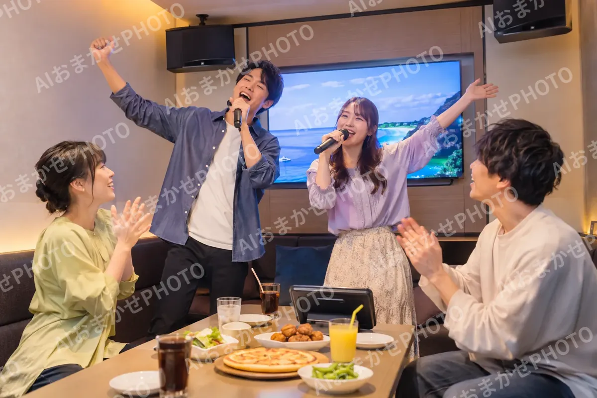 パーティールームで歌うグループ（カラオケ・カラオケボックスの写真 No.42）