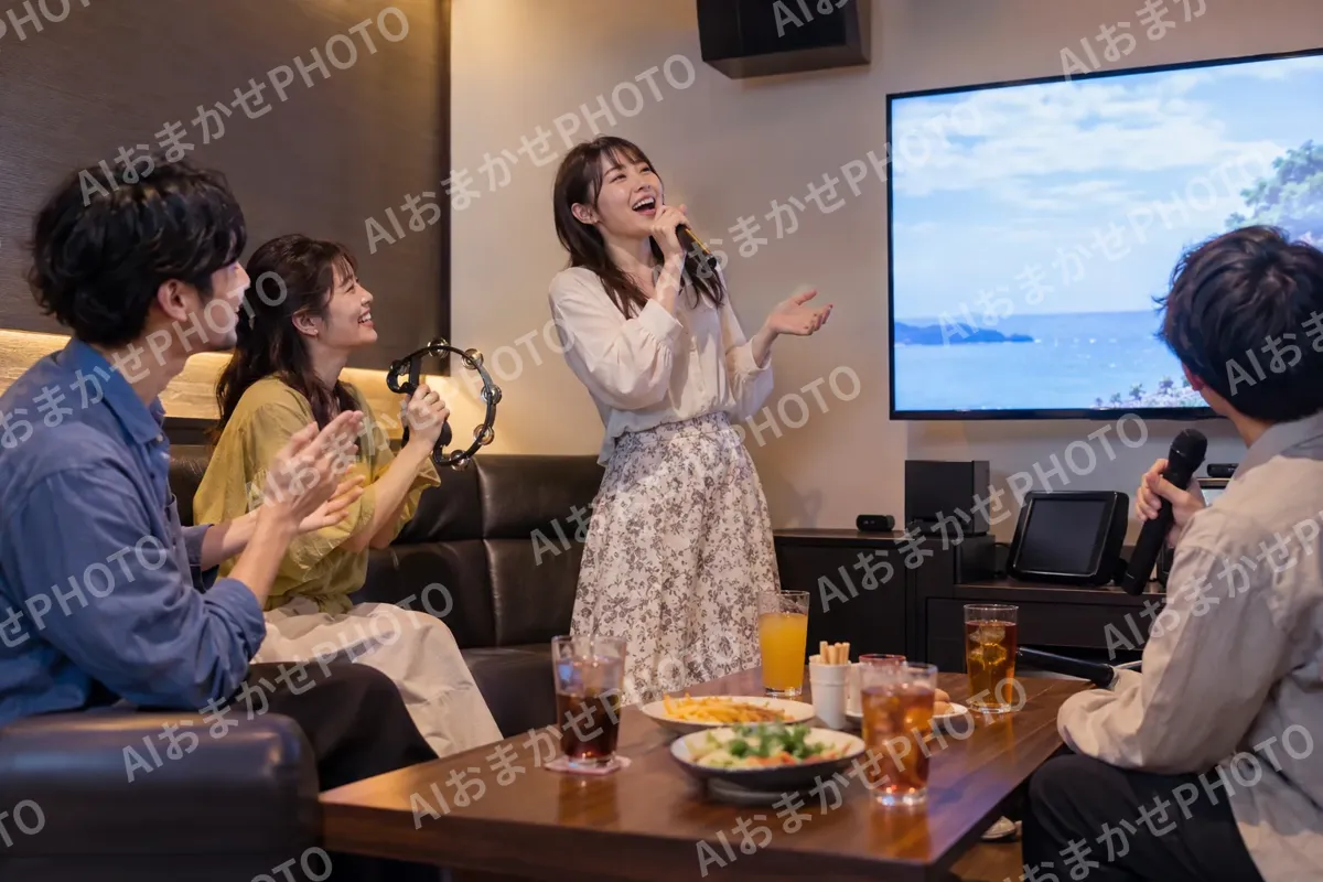 画面の歌詞を見ながら歌うお客様（カラオケ・カラオケボックスの写真 No.44）