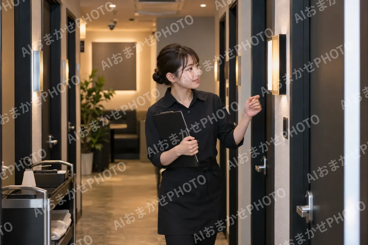 廊下で部屋番号を確かめるカラオケの店員（カラオケ・カラオケボックスの写真 No.45）