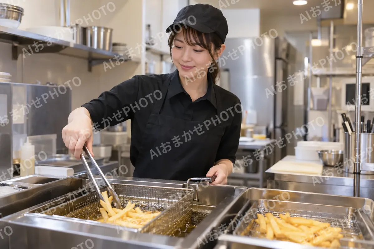 カラオケの厨房でポテトを揚げる店員（カラオケ・カラオケボックスの写真 No.47）
